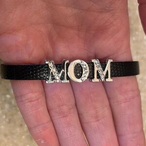 Black Leather Belt buckle Bracelet with Silver MOM Letters